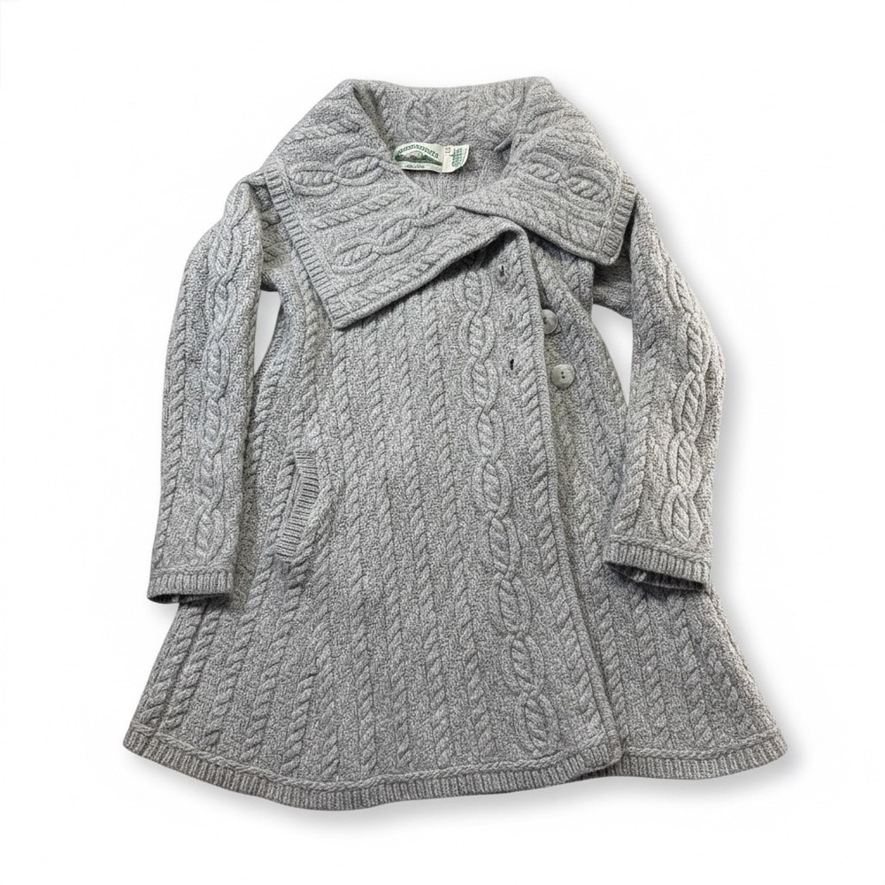 ARAN CRAFTS Irish Cable Knit‎ Wool Natural Grey Semi-Long 3 Button Cardigan